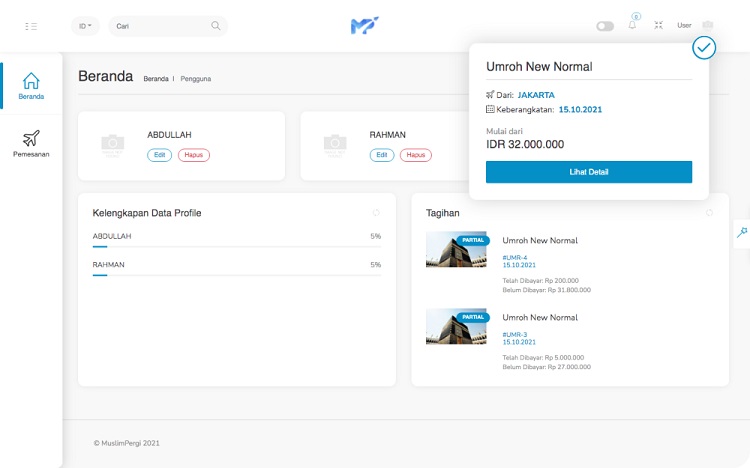 Dashboard user MuslimPergi dengan berbagai keunggulannya, Sumber: muslimpergi.com